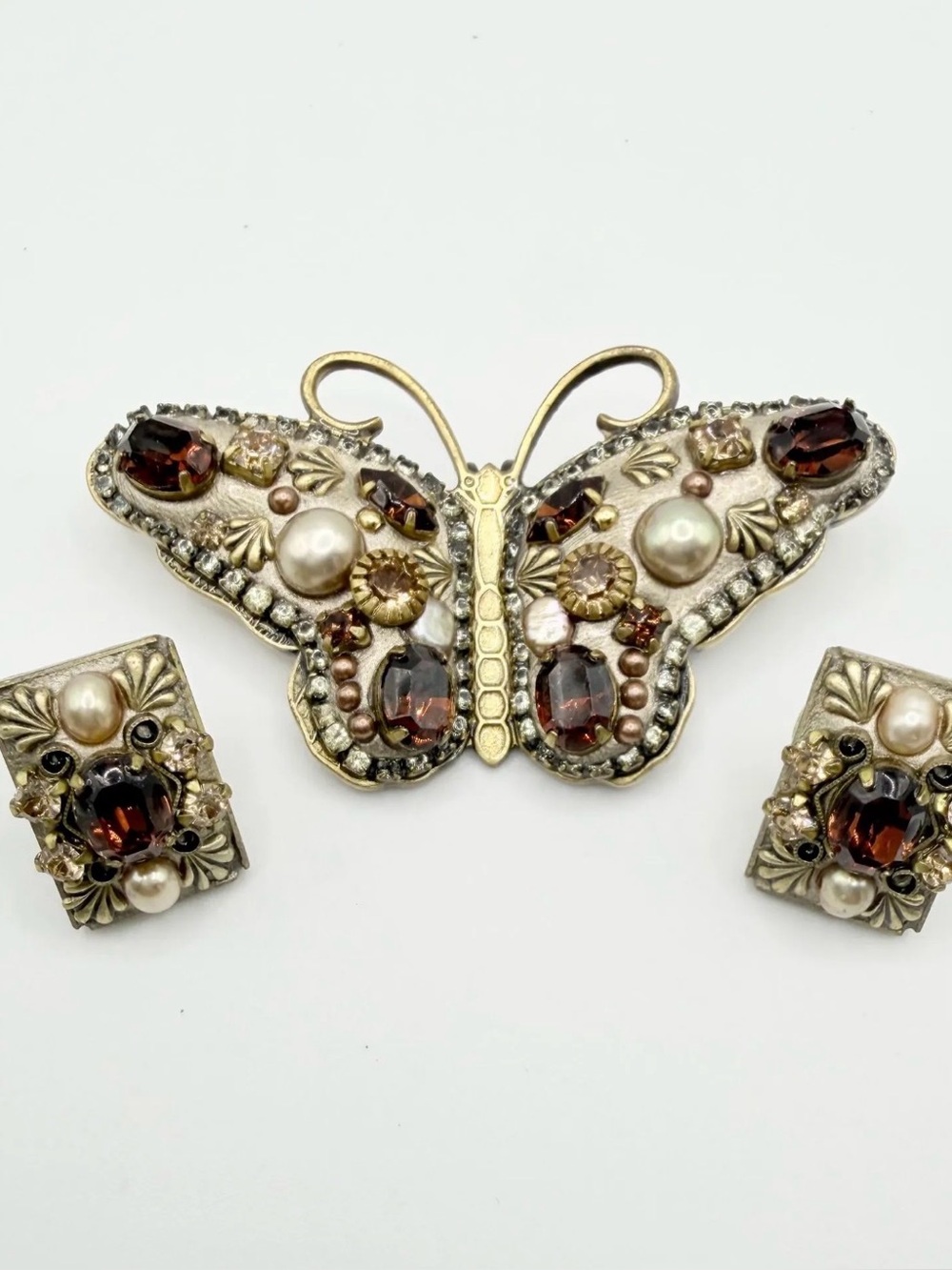 Michal Golan Butterfly Brooch & Earrings Set Amber Glass Faux Pearl Brass Vintag